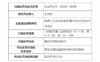 英大人寿吉林分公司被罚：因销售人员发布的朋友圈内容中含有误导性表述
