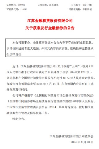 江苏金租：获准发行不超过80亿元人民币金融债券