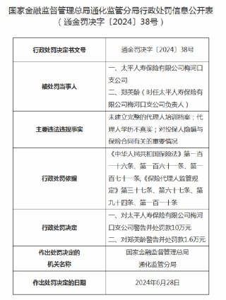 太平人寿梅河口支公司被罚10万：因未建立完整的代理人培训档案等