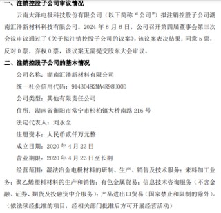 大泽电极拟注销控股子公司湖南汇泽新材料有限公司