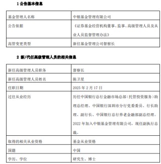 一日新任两高管！中银基金新任宁瑞洁为副执行总裁