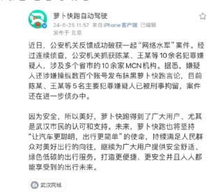 百度：涉嫌造谣萝卜快跑，10名犯罪嫌疑人落网