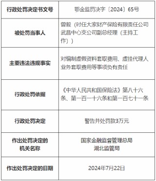 大家财险武昌中心支公司被罚19万元：因编制虚假资料套取费用、虚挂代理人业务套取费用