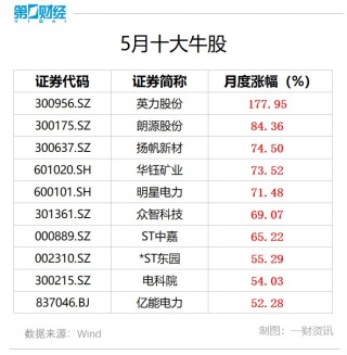 月记[红腾网配资]5月十大牛股出炉：英力股份近178%涨幅问鼎榜首