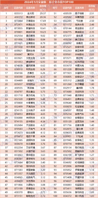 动态[易投配资]2024年5月安徽新三板企业市值TOP100：32家企业去年净利润超3000万元