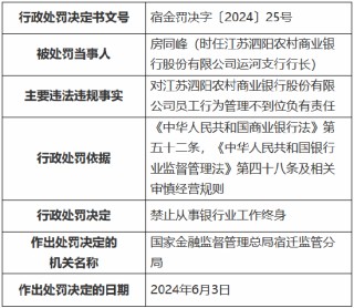 江苏泗阳农村商业银行被罚75万元：个人贷款管理不到位、员工行为管理不到位