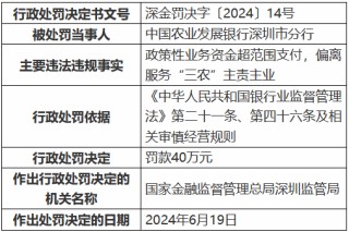 农发行深圳市分行被罚40万元：政策性业务资金超范围支付，偏离服务“三农”主责主业