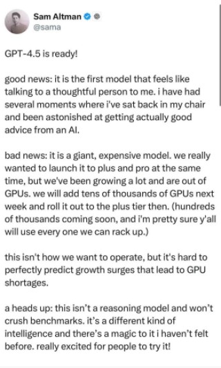 OpenAI发布“高情商”的GPT-4.5 能否撑起高成本？
