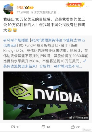 第一财经::量化策略但斌预计英伟达市值可能会到10万亿美金