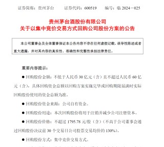 贵州茅台出手！拟30亿元至60亿元回购股份并将注销