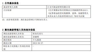 汇百川基金人事变动：财务负责人余路明离任 总经理王锦海代履财务职务