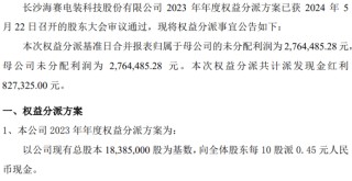 海赛电装2023年度权益分派每10股派现0.45元 共计派发现金红利82.73万元