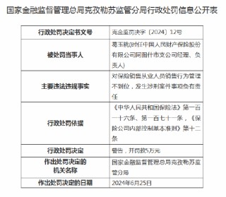 人保财险阿图什市支公司被罚20万元：因保险销售从业人员销售行为管理不到位