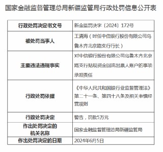 中信银行连收6张罚单 乌鲁木齐三家支行合计被罚97万元