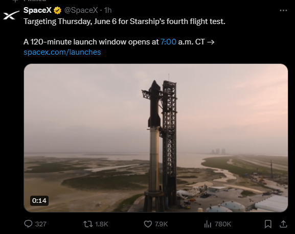SpaceX宣布星舰6月6日进行第4次试飞-第1张图片