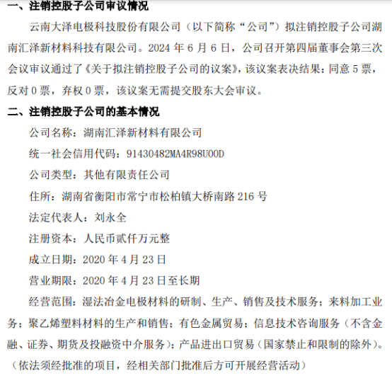 大泽电极拟注销控股子公司湖南汇泽新材料有限公司-第1张图片