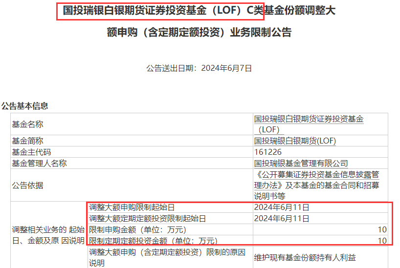 这只基金，限购升级！全市场唯一的白银期货基金——国投瑞银白银期货升级限购，A类份额申购限额调整为1万元-第2张图片