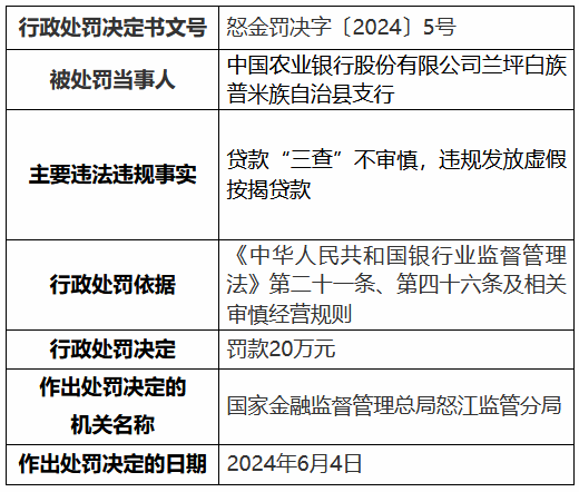 农业银行怒江分行、兰坪白族普米族自治县支行共计被罚50万元：违规发放虚假按揭贷款等-第3张图片