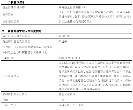 联博基金新任朱建荣副总经理 曾任职于国投瑞银兴证全球基金-第1张图片