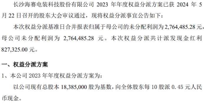 海赛电装2023年度权益分派每10股派现0.45元 共计派发现金红利82.73万元-第1张图片