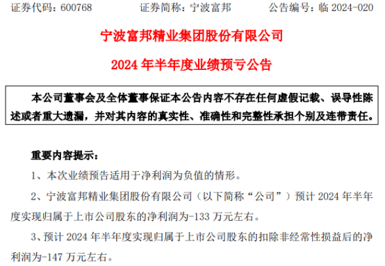 宁波富邦2024年上半年预计亏损133万 本期未开展购买理财产品致非经常性损益大幅下降-第1张图片