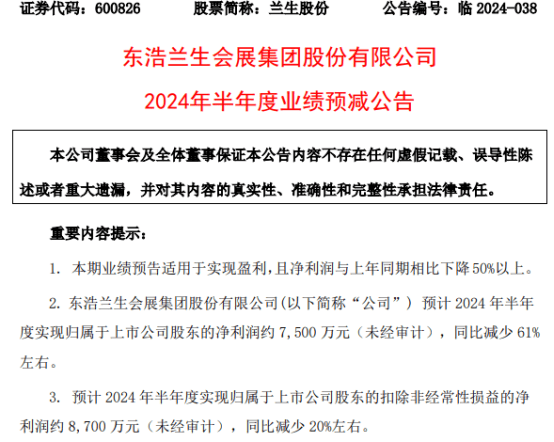 兰生股份2024年上半年预计净利7500万 公司持有的金融资产公允价值变动收益同比减少-第1张图片