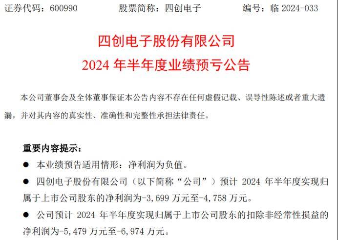 四创电子2024年上半年预计亏损3699万-4758万 营业收入规模未达盈亏平衡点-第1张图片
