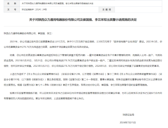 新三板公司众力股份(836981)变更募集资金用途，存在两大问题，收陕西证监局警示函，主办券商为招商证券-第1张图片