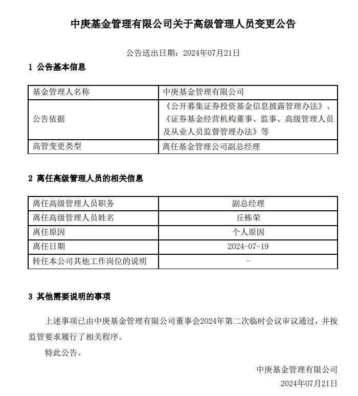 丘栋荣因个人原因离任中庚基金副总经理-第1张图片