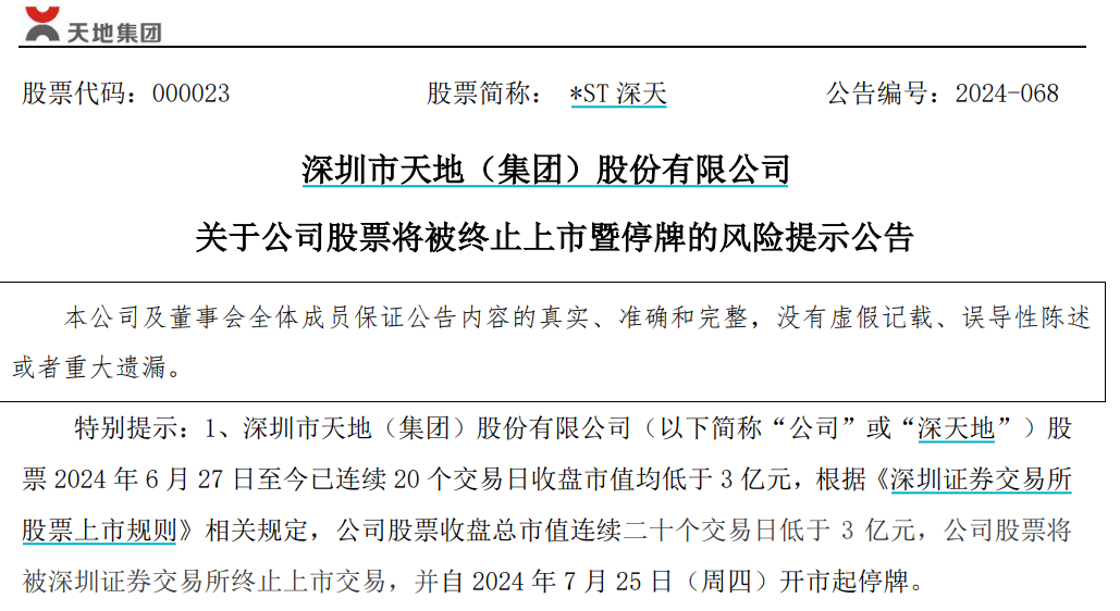 A股第一家市值退市！*ST深天将被终止上市 明起停牌-第2张图片