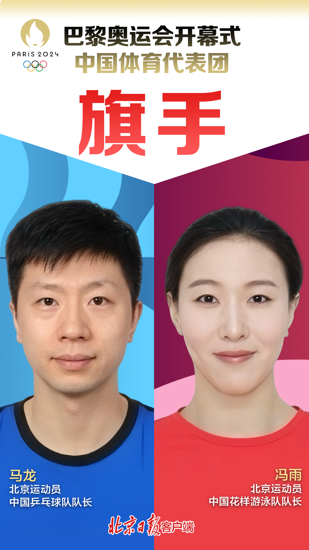 官宣！北京运动员马龙、冯雨，中国体育代表团旗手！-第1张图片