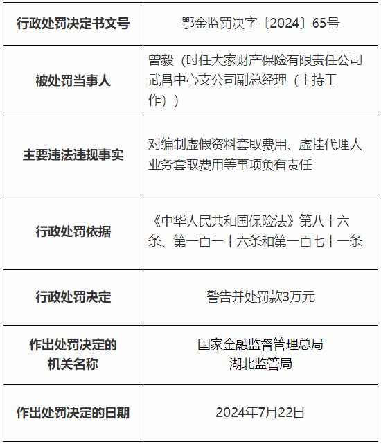 大家财险武昌中心支公司被罚19万元：因编制虚假资料套取费用、虚挂代理人业务套取费用-第2张图片