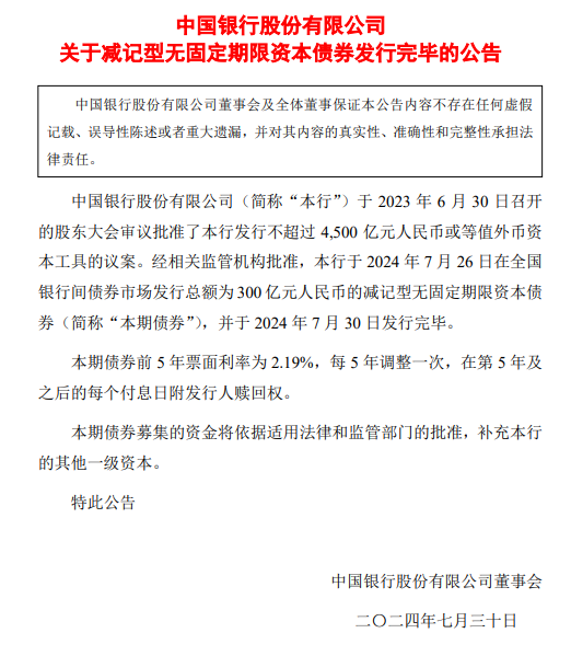 中国银行：完成发行300亿元减记型无固定期限资本债券-第1张图片