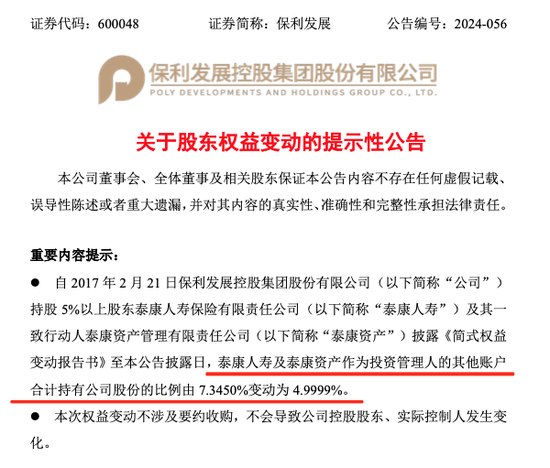 泰康人寿减持保利发展，持股比例＜5%-第1张图片