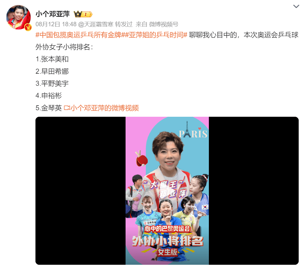 邓亚萍称张本美和位列外协女子第一  评选出她心目中的排名，并对选手们的表现给予高度评价-第1张图片