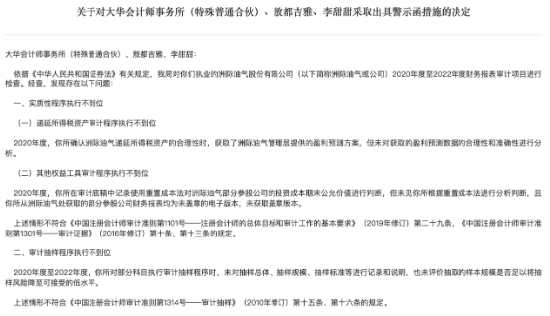 因在财务报表审计项目中存在多项违规 大华会计师事务所及两名注册会计师被警示-第1张图片