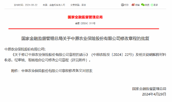 中原农险获批修改公司章程-第1张图片