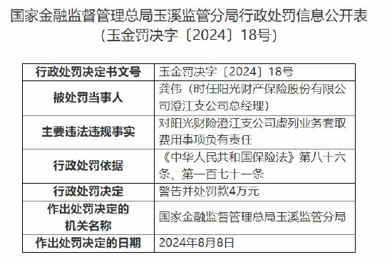 阳光财险澄江支公司被罚20万元：虚列业务套取费用-第2张图片
