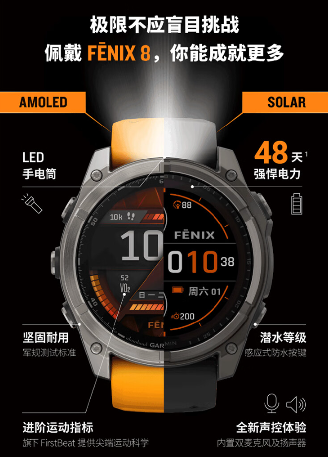 佳明 Fēnix 8 户外系列智能手表发布：100+ 运动模式、双版本可选，7980 元起-第9张图片