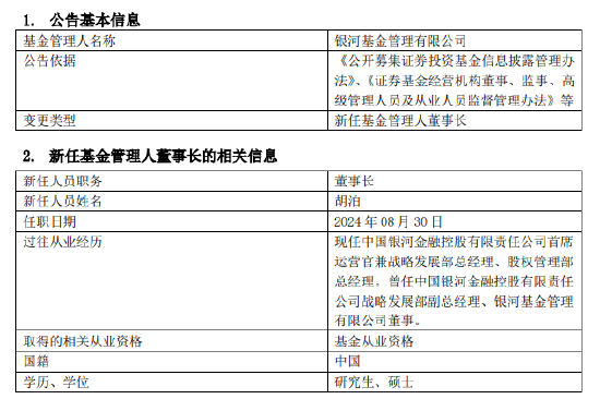 银河基金新任胡泊为董事长 总经理史平武不再代履董事长职务-第1张图片