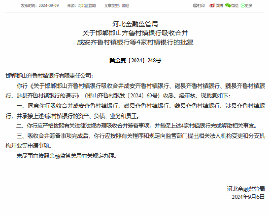 邯郸邯山齐鲁村镇银行获批吸收合并4家村镇银行-第1张图片