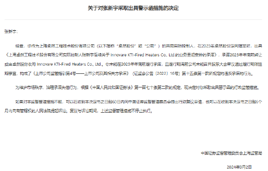 未能履行业务重组安排的承诺 卓然股份实控人张新宇收警示函-第1张图片