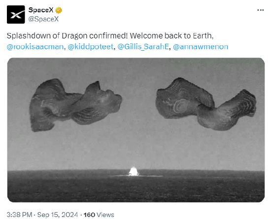 SpaceX龙飞船成功溅落 全球首次商业太空行走创造历史-第1张图片