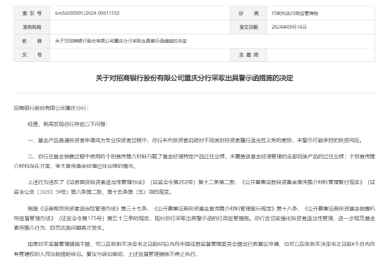 招商银行重庆分行被出具警示函：因存在个别宣传推介材料存在片面、夸大宣传基金经理过往业绩等问题-第1张图片