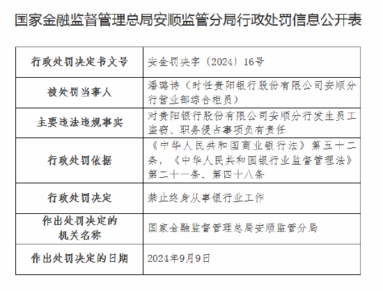 发生员工盗窃、职务侵占！贵阳银行安顺分行被罚款20万元，相关柜员遭终身禁业-第3张图片