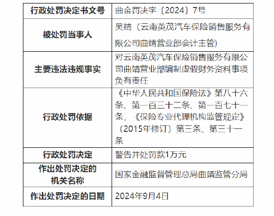云南英茂汽车保险销售服务有限公司曲靖营业部被罚11万：因编制虚假财务资料-第2张图片