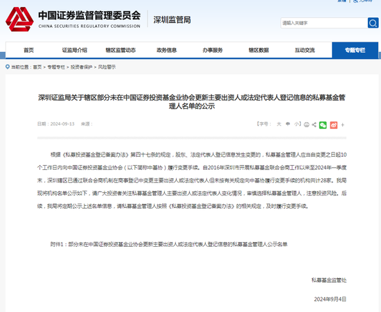 深圳证监局“放了一波大招”，私募机构们要注意了！28家私募变更出资人或法定代表人，但未向中基协变更手续-第1张图片