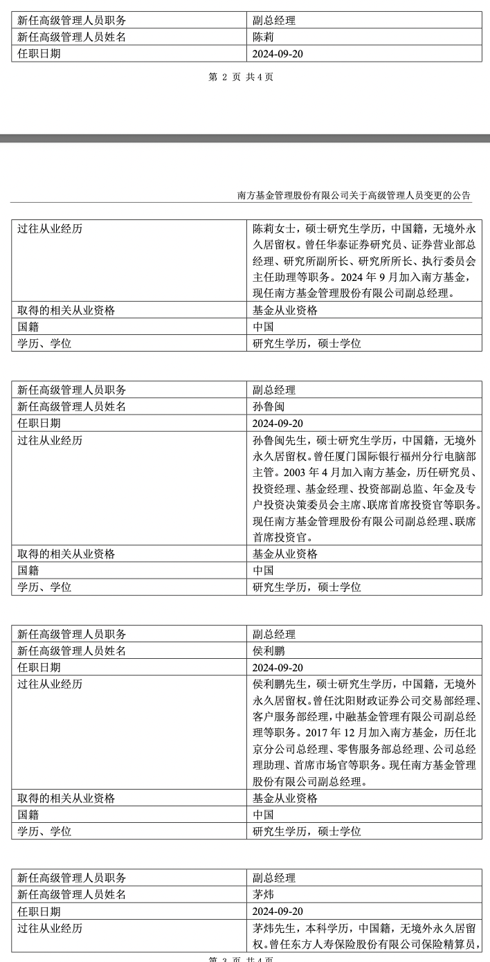 万亿公募南方基金高管团队换届：新聘任四位副总经理，三人卸任-第2张图片