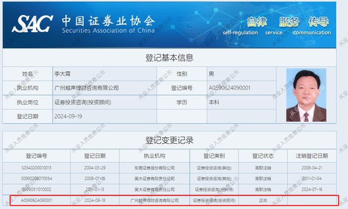 网红李大霄再就业，入职越声理财当投顾-第1张图片