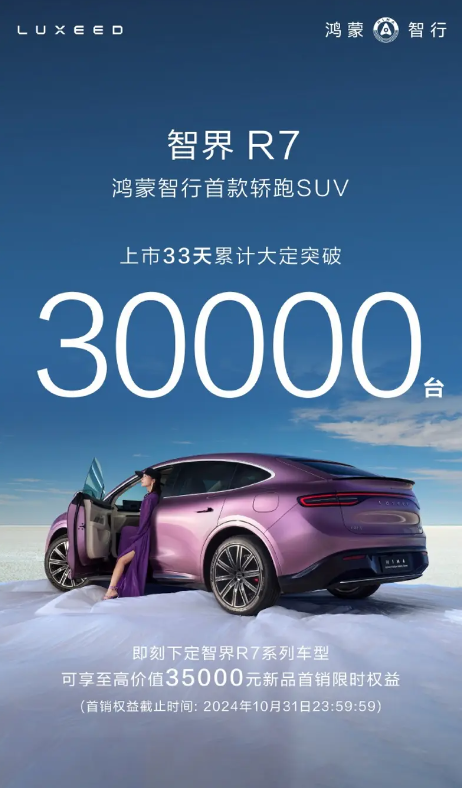 特斯拉Model Y迎来最强对手！智界R7上市33天大定超3万台-第1张图片